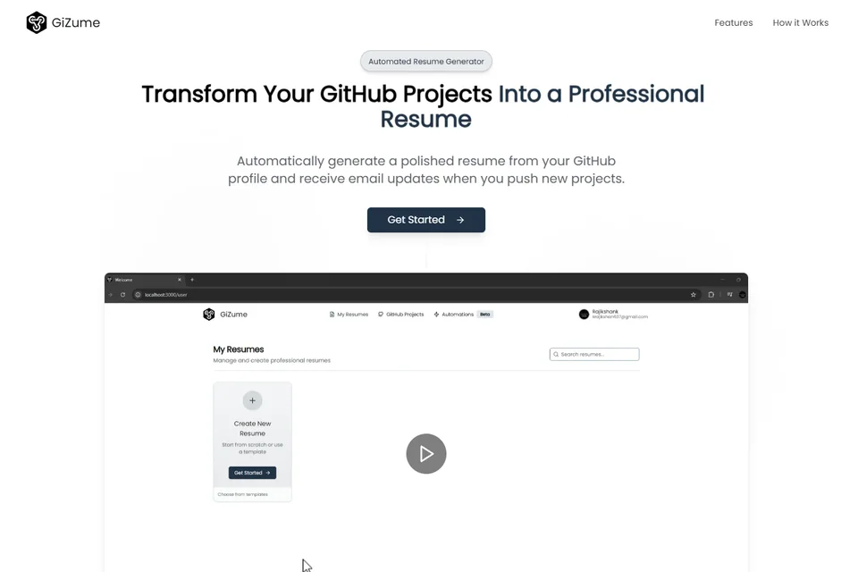 GiZume resume builder with editing controls beside a clean resume preview.