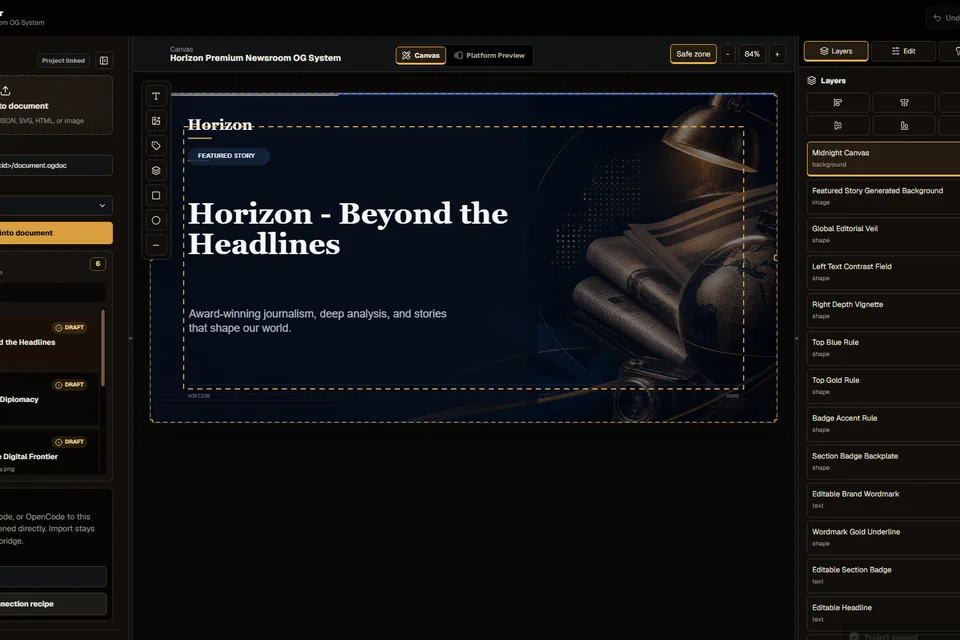 OpenGraph Creator Studio showing a layered editorial image, source controls, and an export panel.
